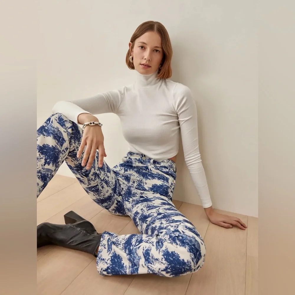 Reformation Pastoral High Rise Straight Jeans in Blue White Size‎ 25 - Picture 10 of 10